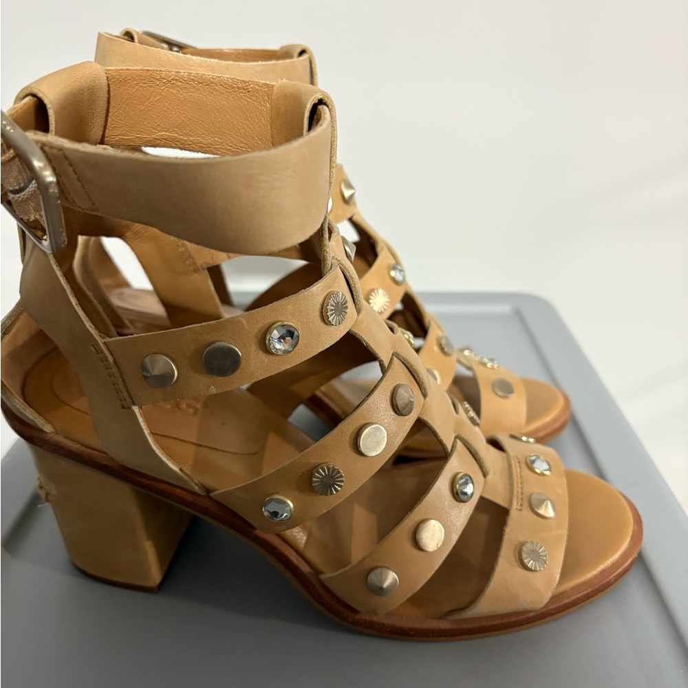 UGG Tan Heeled Sandals with Studded Straps